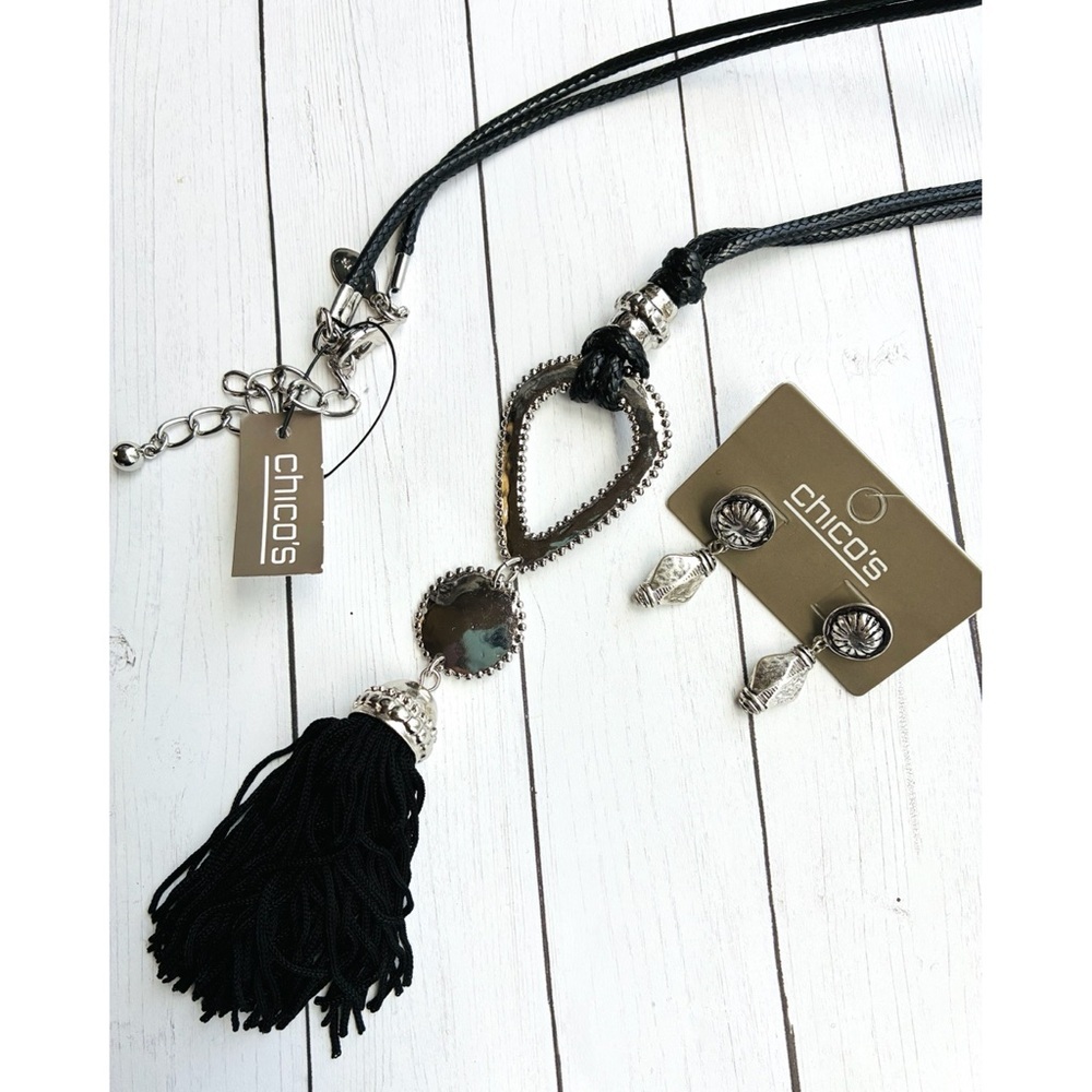 NEW NWT Chico's Felicia Black Silver Tassel Leather Cord Necklace Set $49.90 Tag